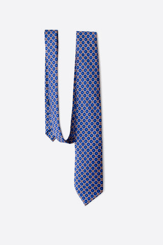 Blue and Orange Foulard Patterned Silk Neck Tie