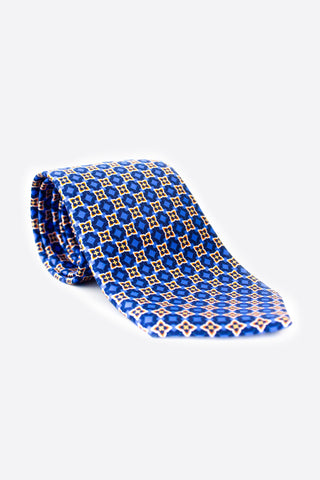 Blue and Orange Foulard Patterned Silk Neck Tie