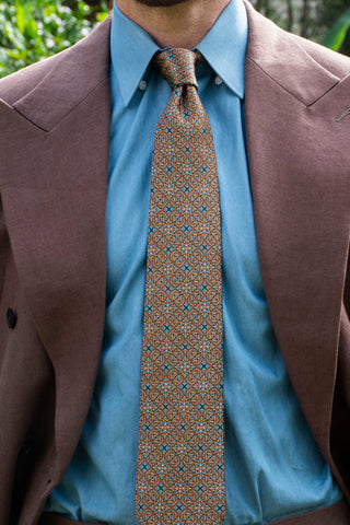 Blue and Orange Floral Vault Mosaic Patterned Silk Neck Tie
