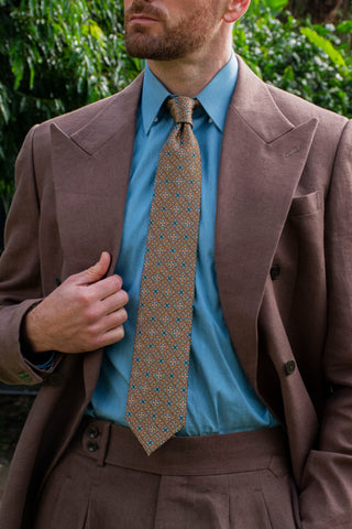 Blue and Orange Floral Vault Mosaic Patterned Silk Neck Tie