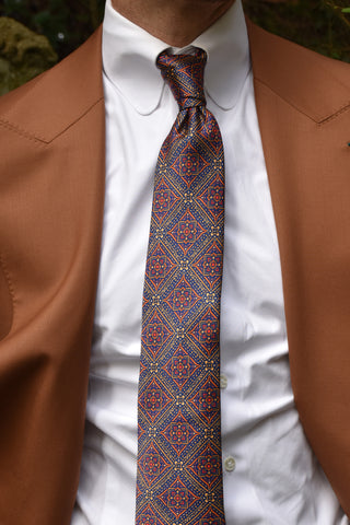 Orange Navy Gold Mosaic Patterned Silk Neck Tie