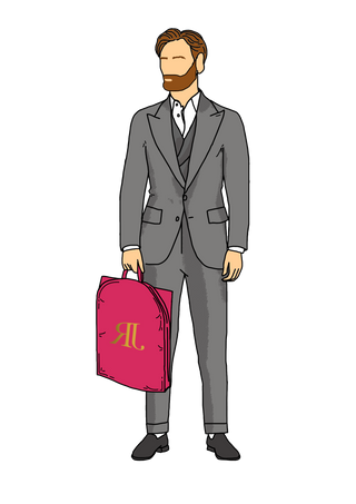Man in a gray suit holding a pink suit bag with a RJ logo