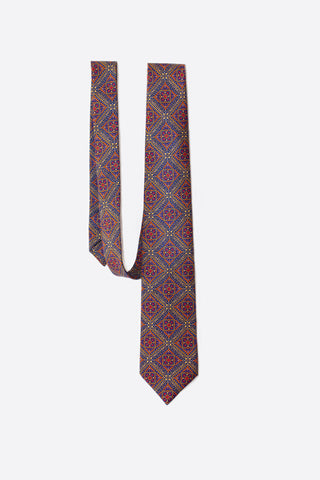 Orange Navy Gold Mosaic Patterned Silk Neck Tie