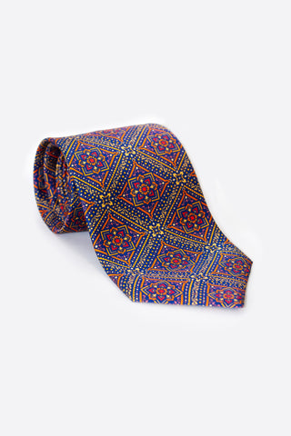 Orange Navy Gold Mosaic Patterned Silk Neck Tie